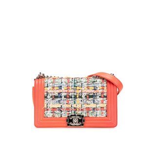 Chanel Coco Mark Boy 25 Shoulder Bag in Orange, Multicolored Tweed and Lambsk...
